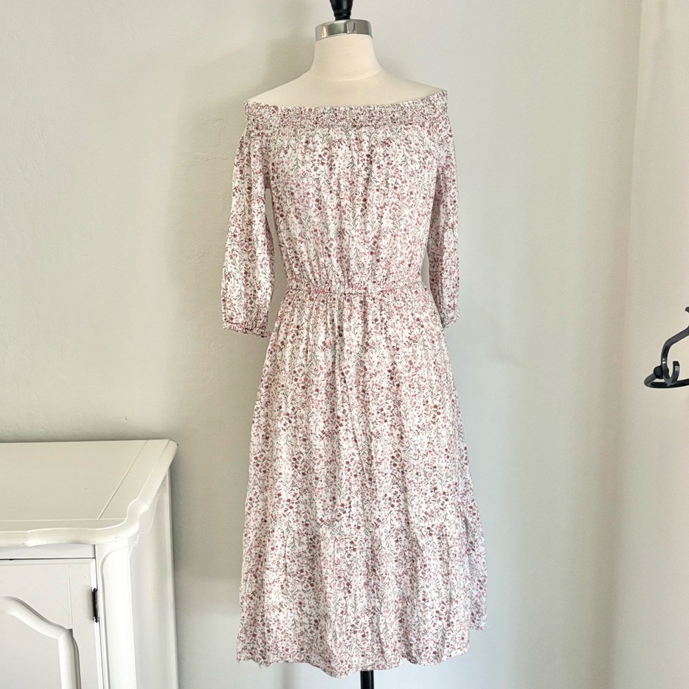 White Ditsy Floral Print Smocked Off-Shoulder Cotton Rayon Blend Dress, Small